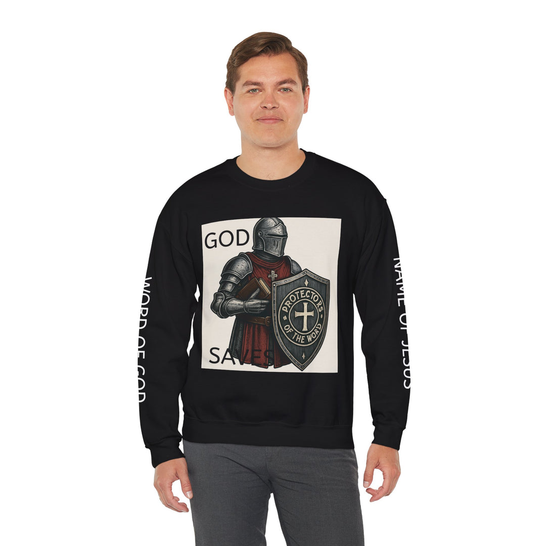 Knight Shield Crewneck Sweatshirt — "Protectors of the Word God Saves"