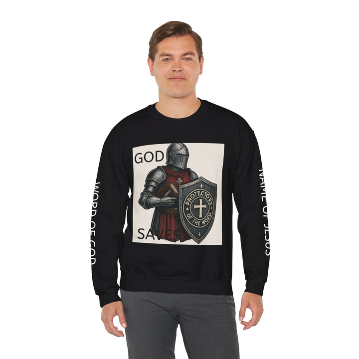 Knight Shield Crewneck Sweatshirt — "Protectors of the Word God Saves"