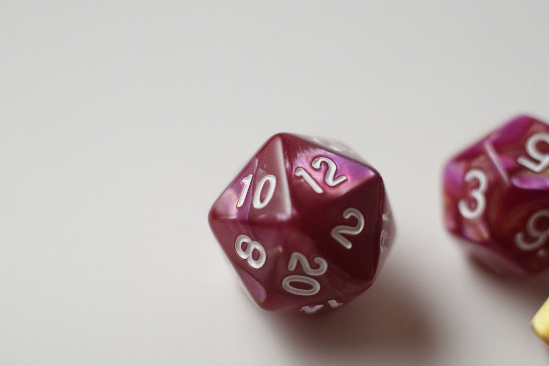 NEW Yellow and Rose Red Swirl Poly Dice Set (7) New RPG DnD w/ White Numbers