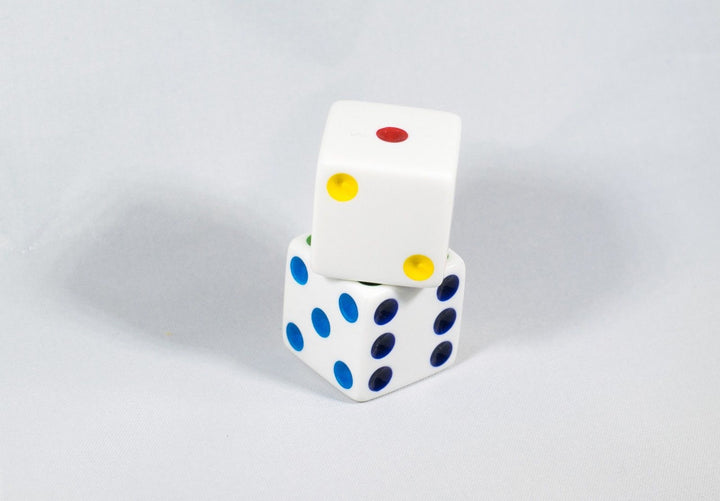 NEW 2 Jumbo 25mm 1 inch White Dice Pair RPG D6 Koplow Large Huge Rainbow Pips