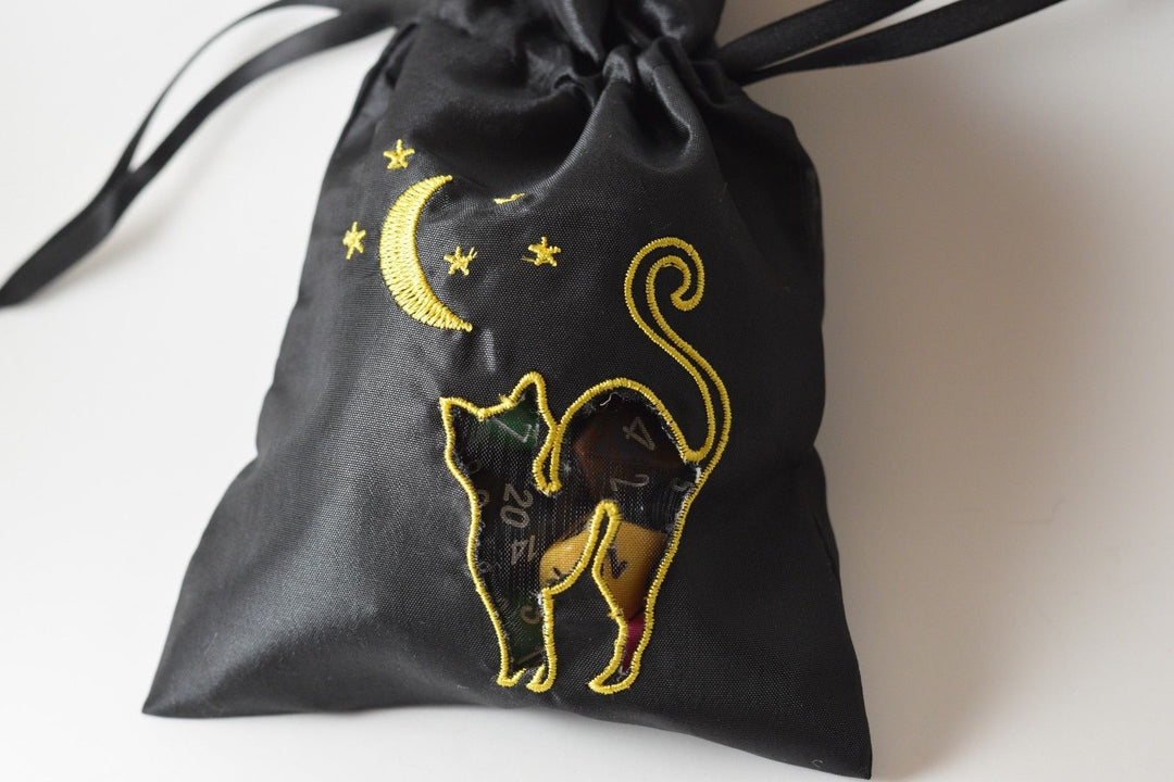 Black Cat Gift Bag Large Game Dice Bag White Counter Pouch Taffeta Scary Night