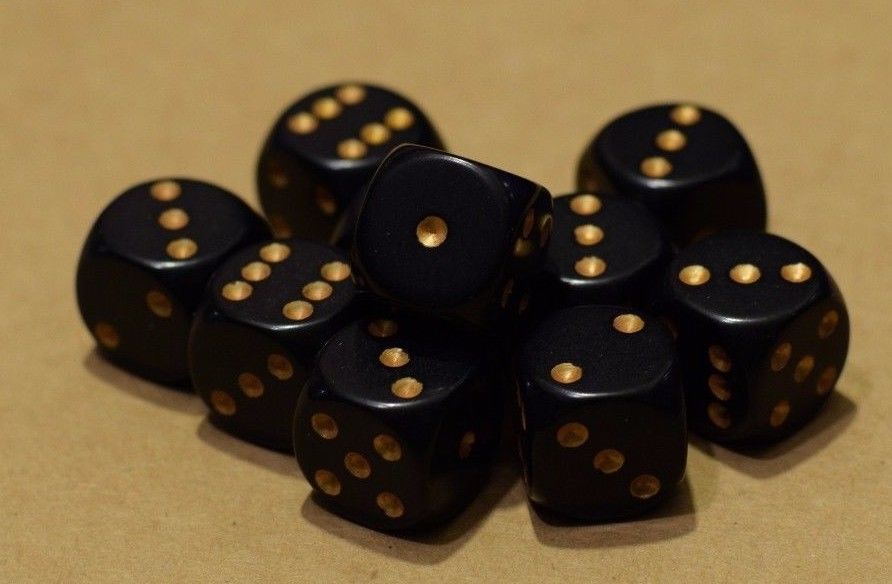 Opaque 16mm D6 RPG Chessex Dice (10 Dice) Solid Black with Gold Pips Bunco