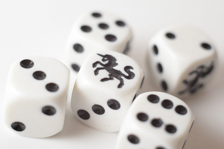 White Dice with Black Unicorns Dice Sided Bunco RPG D6 16mm Roll (sold per die)