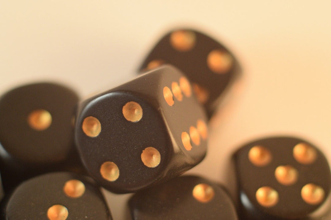 Opaque 16mm D6 RPG Chessex Dice (10 Dice) Solid Black with Gold Pips Bunco