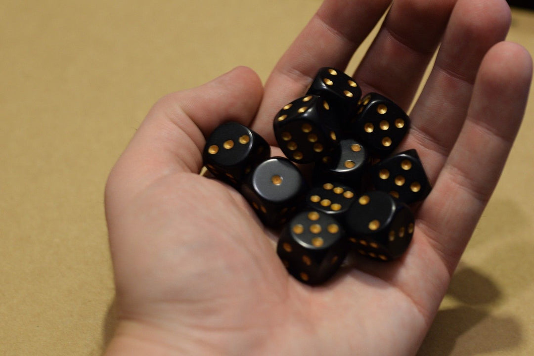 Opaque 16mm D6 RPG Chessex Dice (10 Dice) Solid Black with Gold Pips Bunco