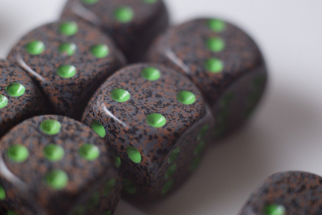 Earth Speckled 16mm D6 Pipped | Sold per Die (Green + Brown Dice)