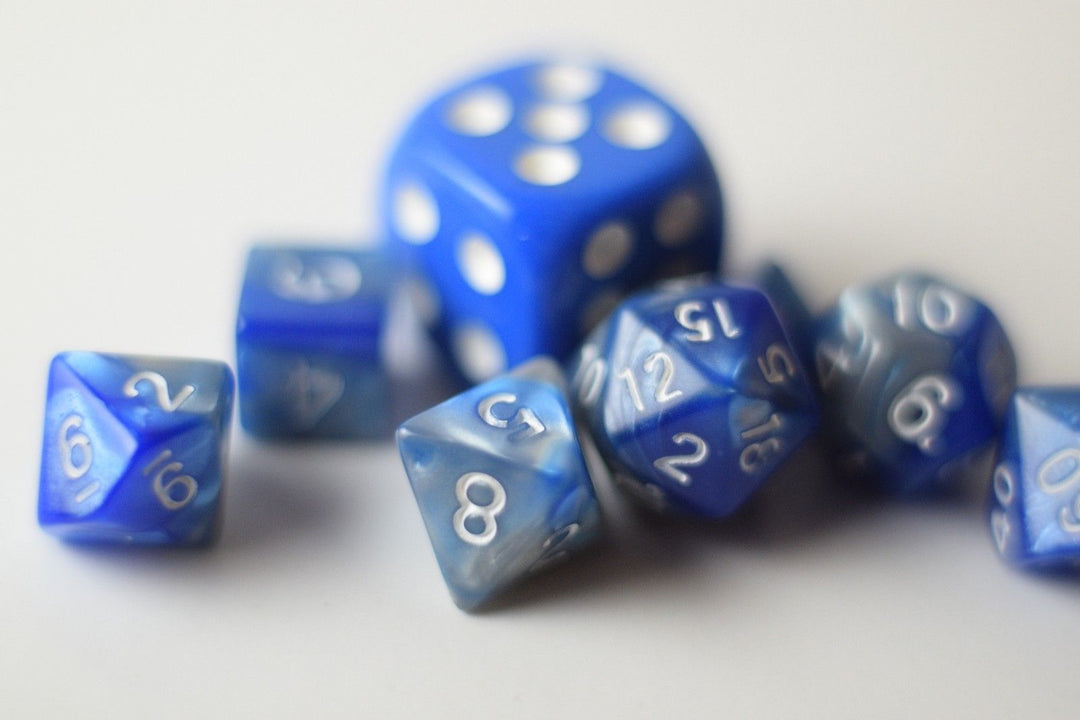New Shiny Steel Blue Miniature Poly Dice Set Small (7) RPG DnD Mini Cute