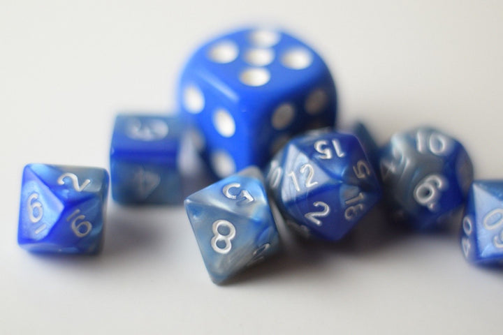 New Shiny Steel Blue Miniature Poly Dice Set Small (7) RPG DnD Mini Cute