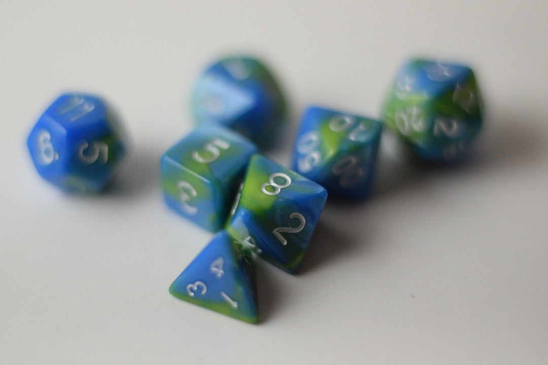 New Green Blue Miniature Poly Dice Set Blue White Small (7) RPG DnD Mini Cute