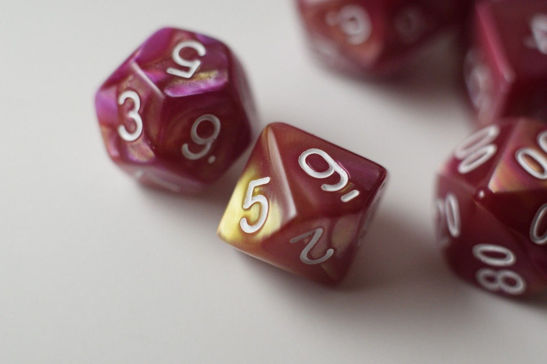 NEW Yellow and Rose Red Swirl Poly Dice Set (7) New RPG DnD w/ White Numbers