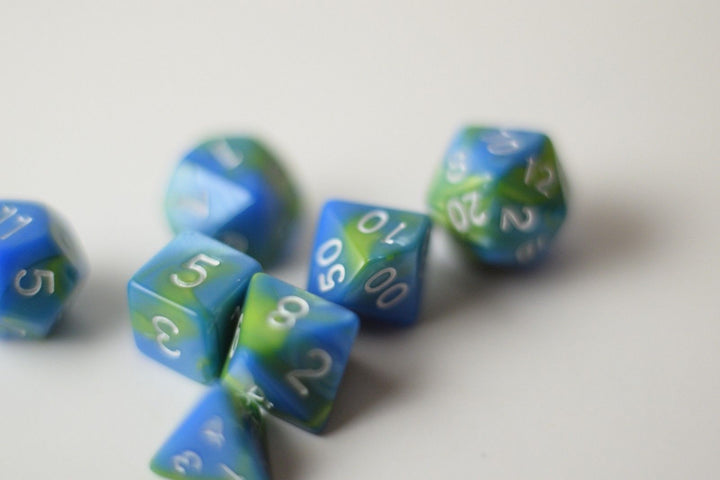 New Green Blue Miniature Poly Dice Set Blue White Small (7) RPG DnD Mini Cute