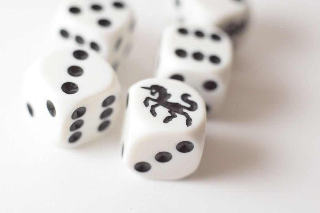 White Dice with Black Unicorns Dice Sided Bunco RPG D6 16mm Roll (sold per die)