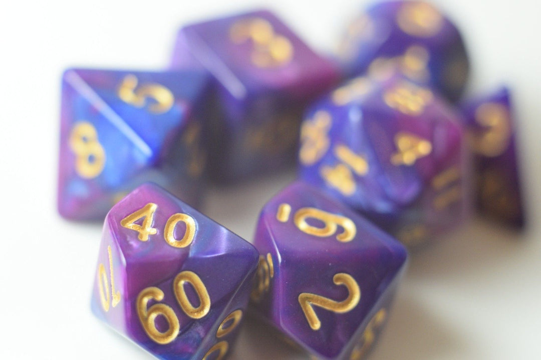 NEW Royal Purple & Blue Regal Swirl Poly Dice Set (7) RPG DnD w/ Gold Numbers