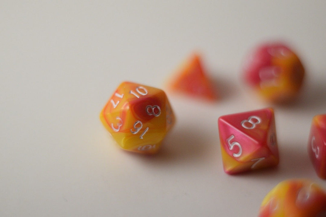 New Shiny Yellow Pink Miniature Poly Dice Set Small (7) RPG DnD Mini Cute
