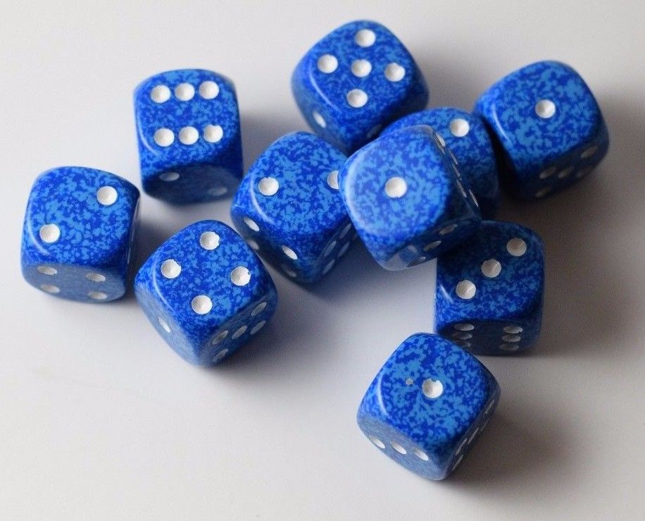 Water Speckled 16mm D6 Pipped Dice | Blue and White (sold per die)