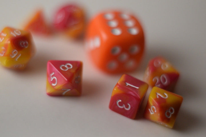 New Shiny Yellow Pink Miniature Poly Dice Set Small (7) RPG DnD Mini Cute