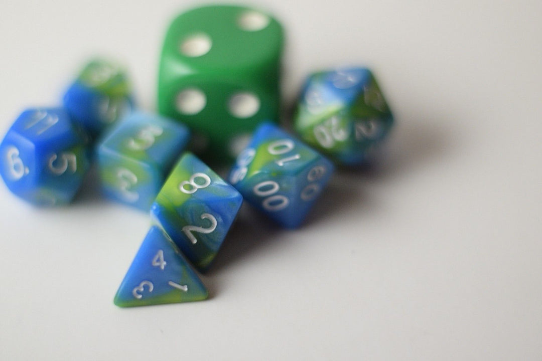 New Green Blue Miniature Poly Dice Set Blue White Small (7) RPG DnD Mini Cute