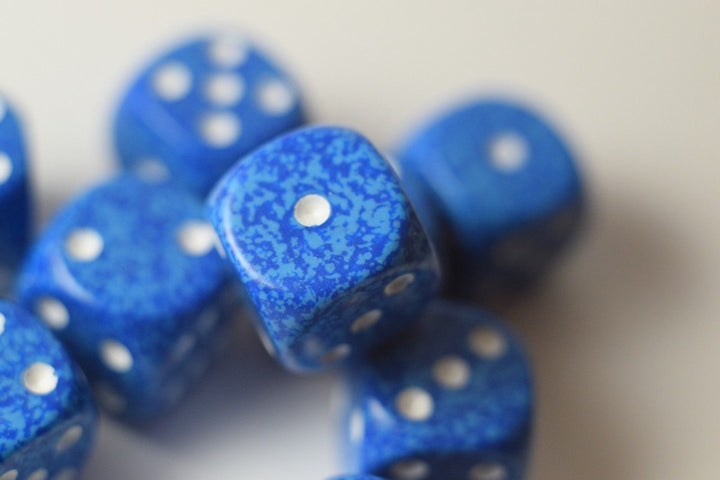 Water Speckled 16mm D6 Pipped Dice | Blue and White (sold per die)