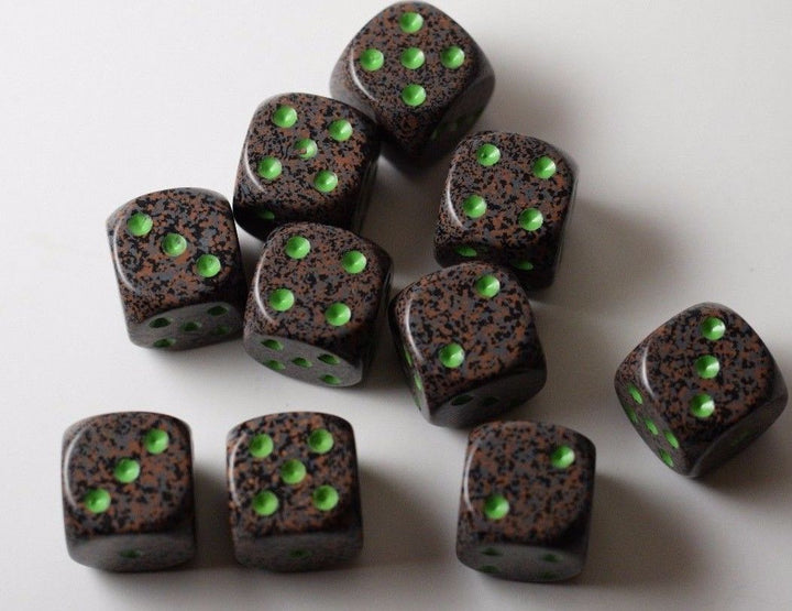 Earth Speckled 16mm D6 Pipped | Sold per Die (Green + Brown Dice)