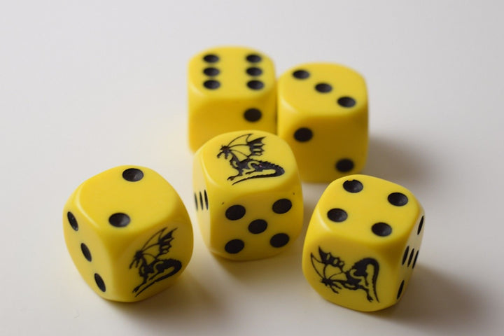 NEW Set of 5 Dragon Yellow w/Black Dice D&D RPG Game 16mm Six Sided D6 Koplow