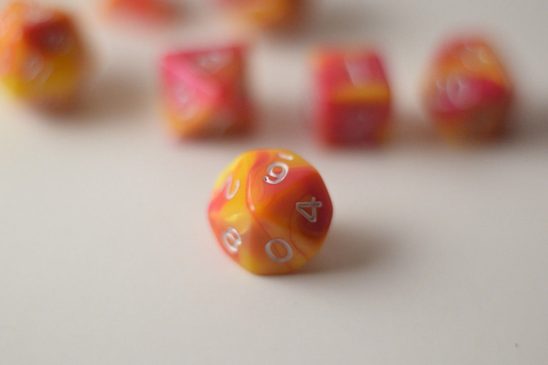 New Shiny Yellow Pink Miniature Poly Dice Set Small (7) RPG DnD Mini Cute