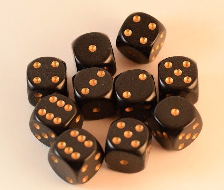 Opaque 16mm D6 RPG Chessex Dice (10 Dice) Solid Black with Gold Pips Bunco