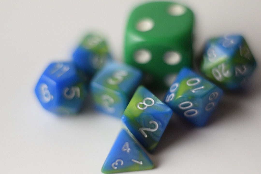 New Green Blue Miniature Poly Dice Set Blue White Small (7) RPG DnD Mini Cute