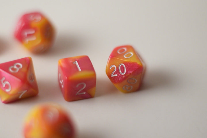 New Shiny Yellow Pink Miniature Poly Dice Set Small (7) RPG DnD Mini Cute