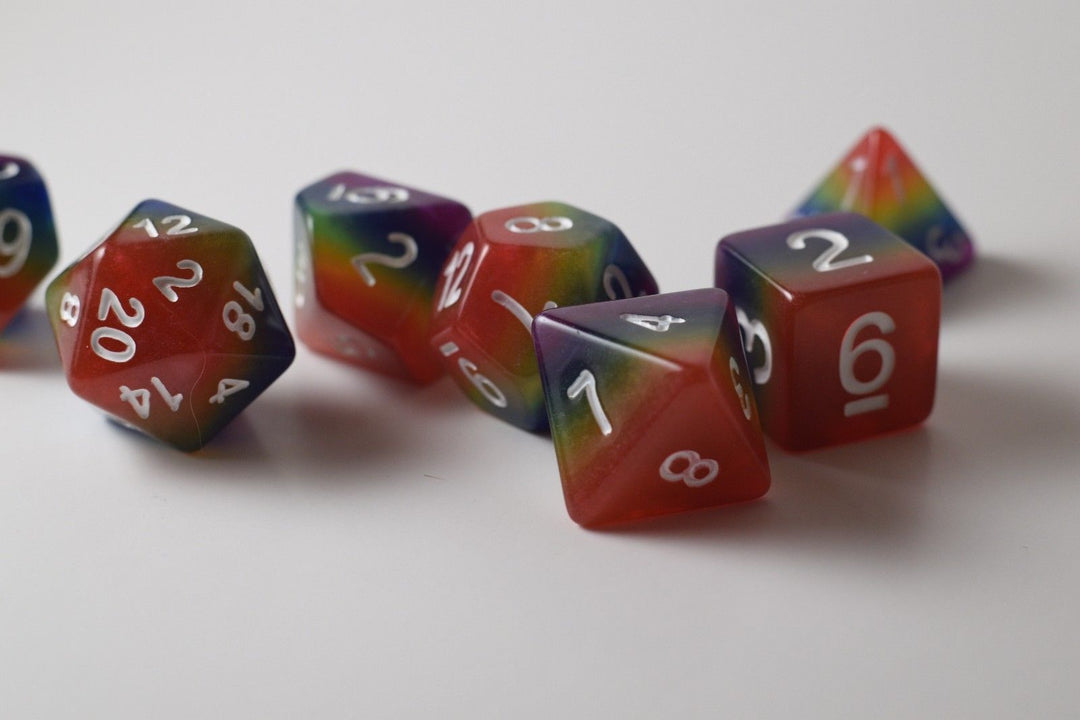 New Rainbow Aurora Poly Dice Set Blue Green Yellow Orange Red Purple (7) RPG DnD