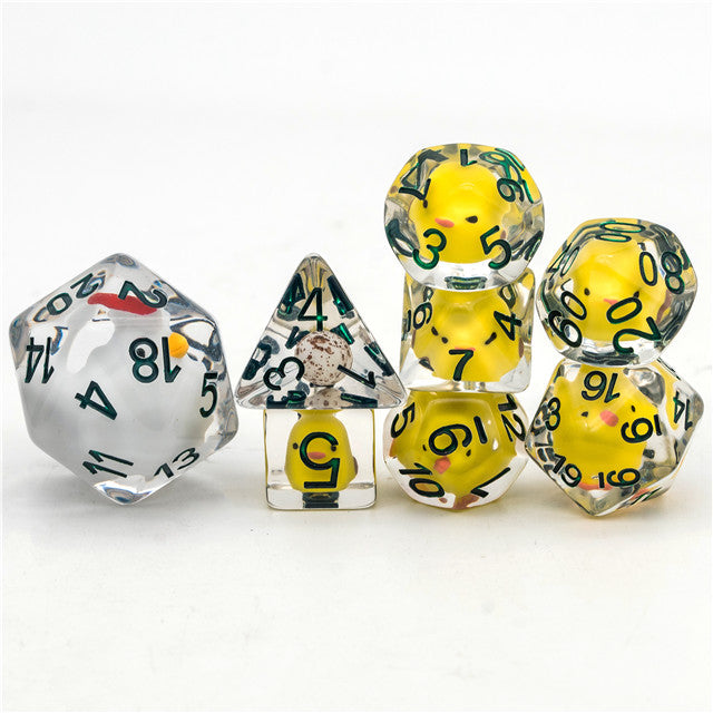 Chicken Family 7-Dice Set w/Green Numbers Dnd Dice Set + 30mm d20