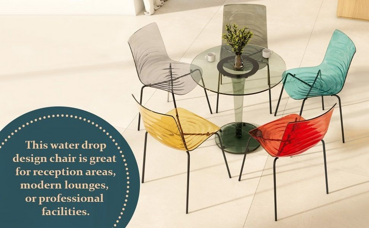 Colorful chairs around a round table on a tiled floor.