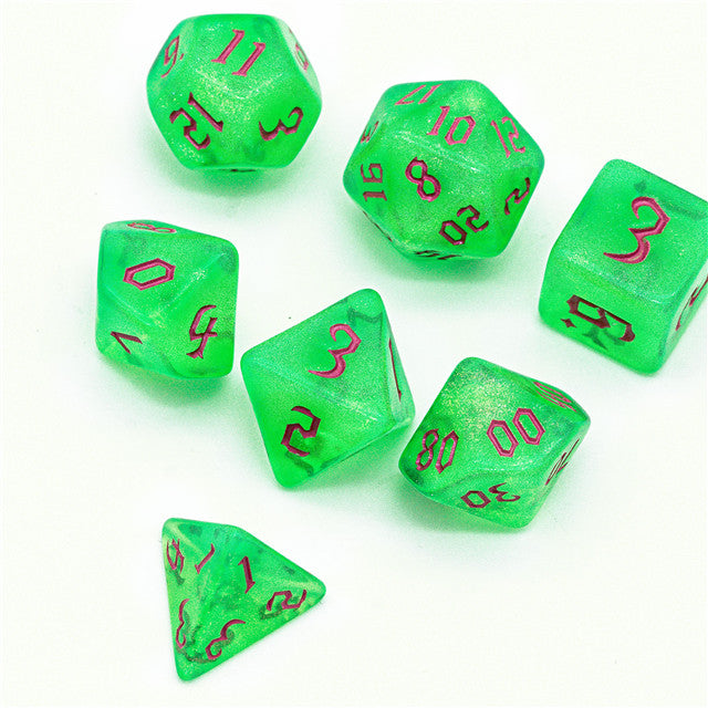 Green Glitter Party Glitter Dice (Pink font) 7-Dice Set RPG DND