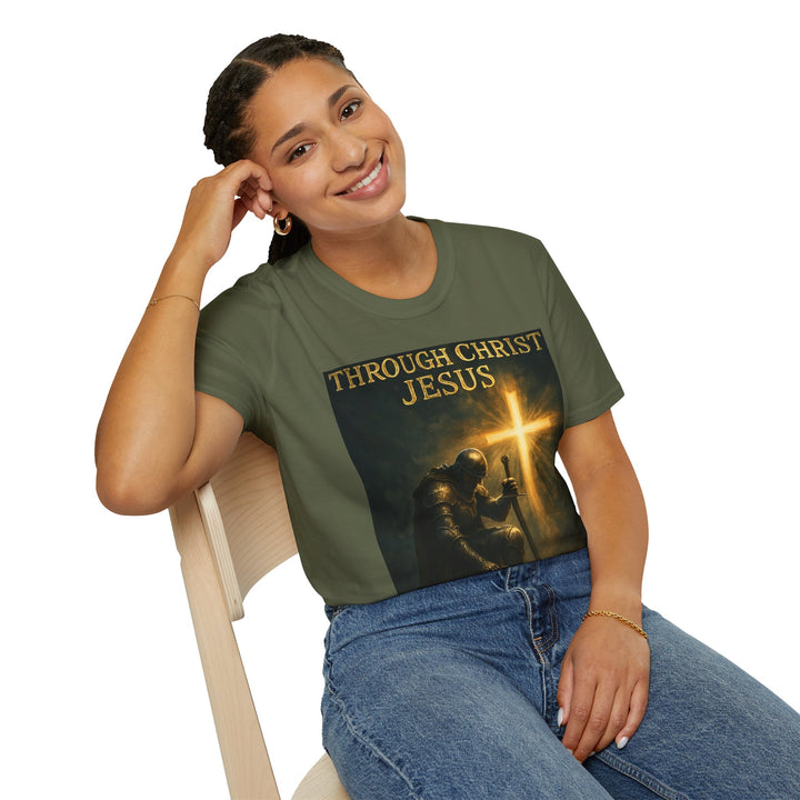 Christian Knight T-Shirt — "Through Christ Jesus" Front and "I Am Saved" Back