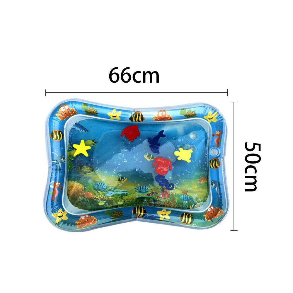 Inflatable water mat with ocean design and dimensions on a white background.