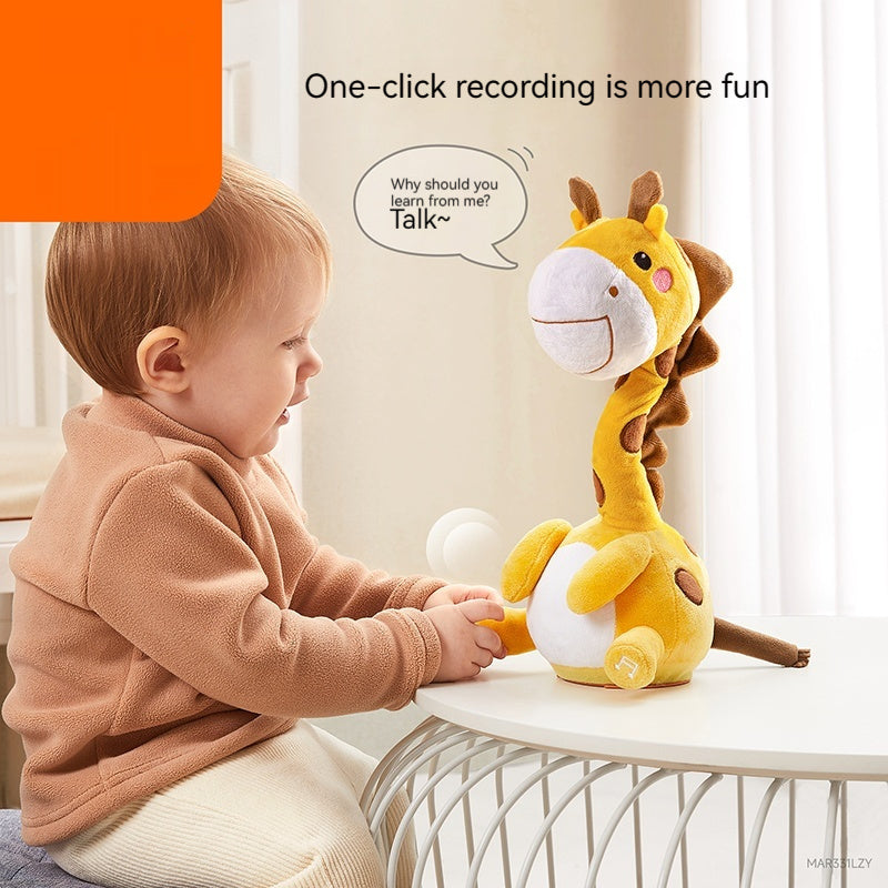Child interacting with a talking plush toy on a table, with text about one-click recording.