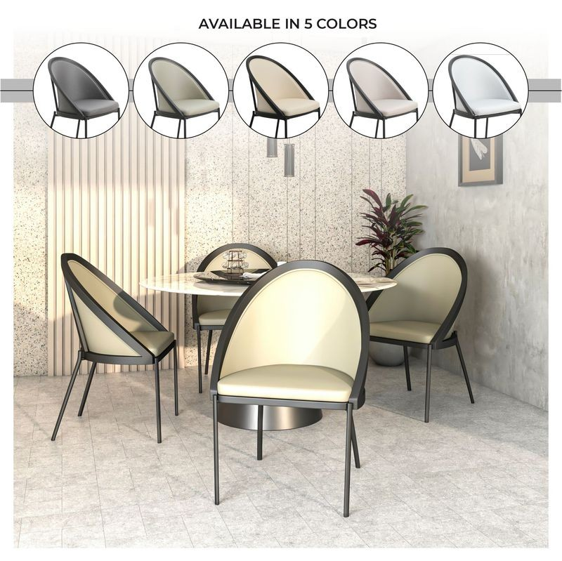 Dining table set with chairs in a modern interior setting, showing color options.