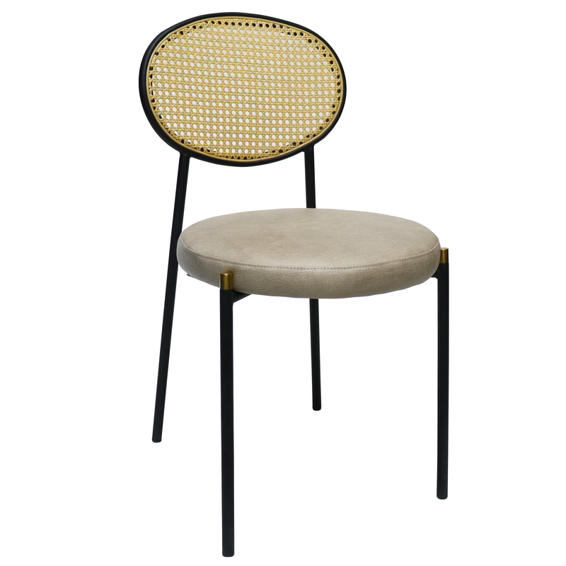 LeisureMod Euston Modern Wicker Dining Chair with Black Frame and Leather Seat in Taupe