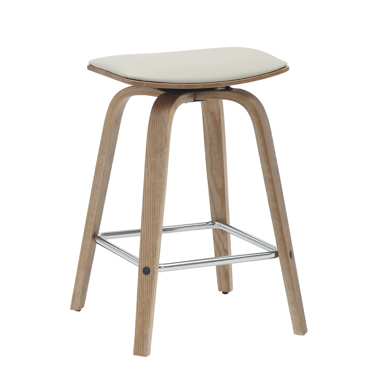 LeisureMod Wooden Counter Stool Square Seat Pelya Collection Modern Style Washed Walnut color in Light Grey