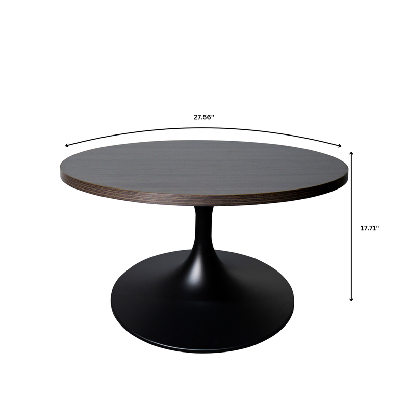 LeisureMod Verve Coffee Table Black base with 27" Round Dark Brown Wood MDF Top Dimensions.