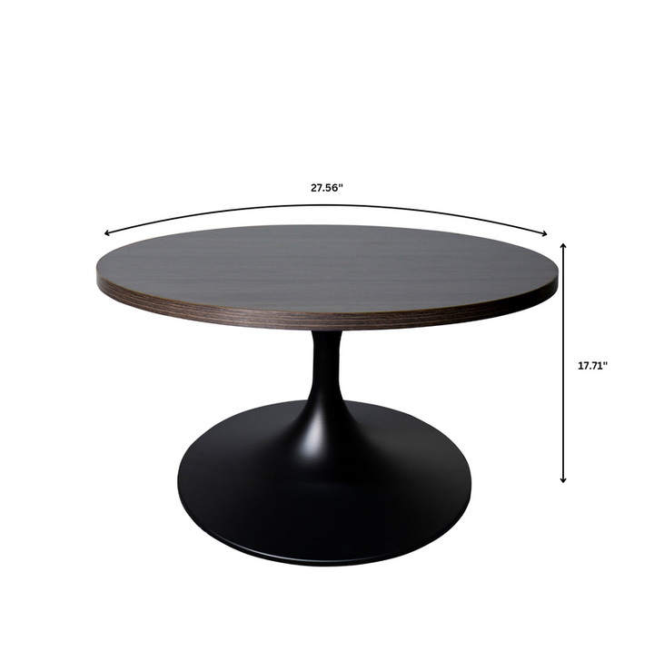 LeisureMod Verve Coffee Table Black base with 27" Round Dark Brown Wood MDF Top Dimensions.