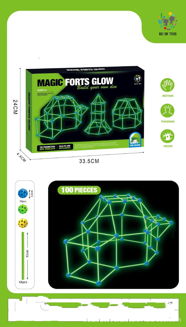 Magic forts glow construction set packaging with product image and dimensions on a white background.