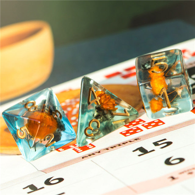 Orange & Grey Flower Dice  7-Dice Set Resin Dungeons and Dragons Dice (Gypsophila / Baby's-Breath)