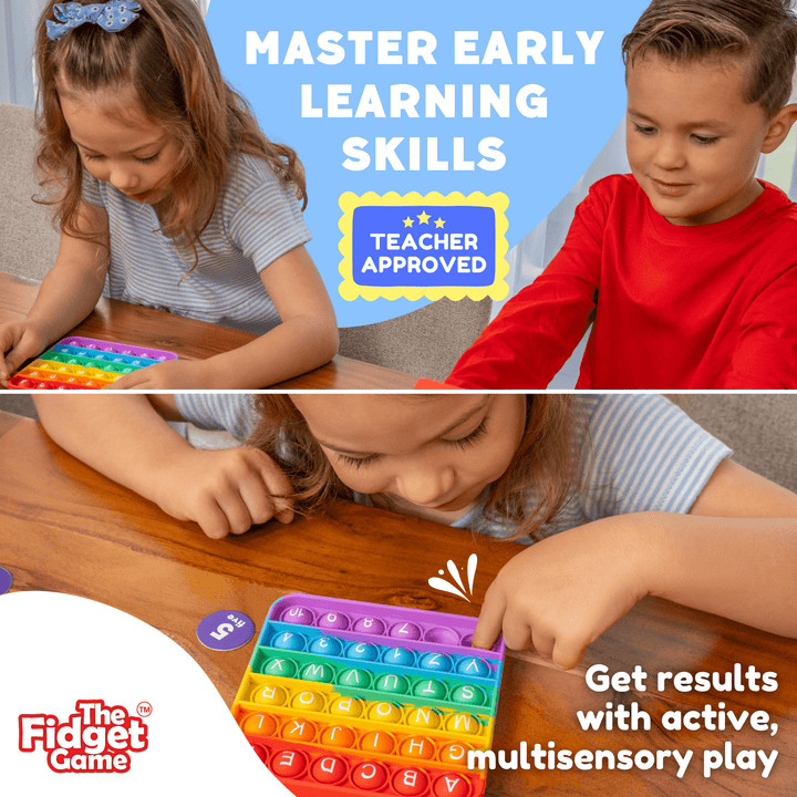 Children playing with a colorful fidget toy, promoting early learning skills.