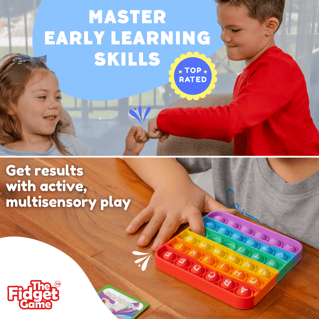 Children playing with a colorful fidget toy, promoting early learning skills and active play.