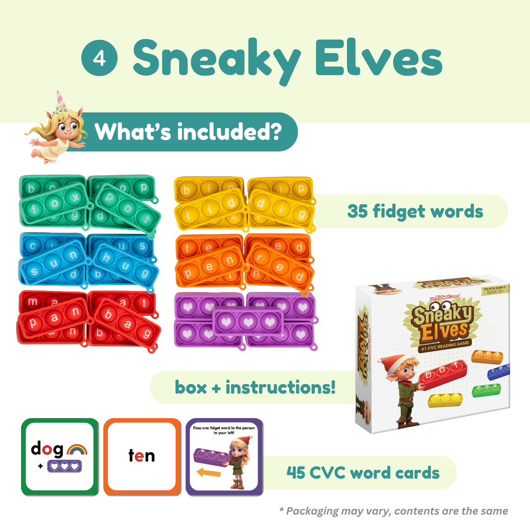 Product packaging for Sneaky Elves with colorful fidget word blocks and educational cards on a light green background.