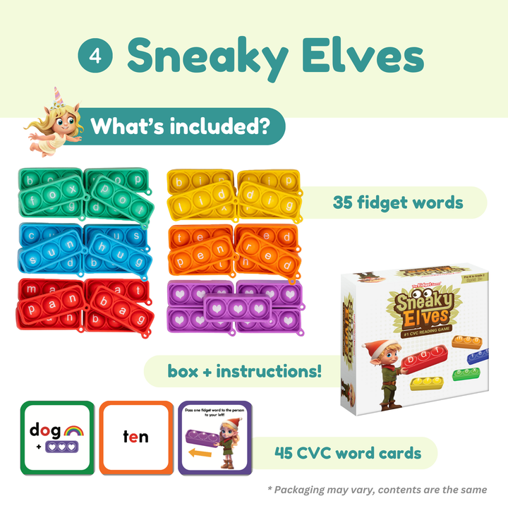Product packaging for Sneaky Elves with colorful fidget word blocks and educational cards on a light green background.