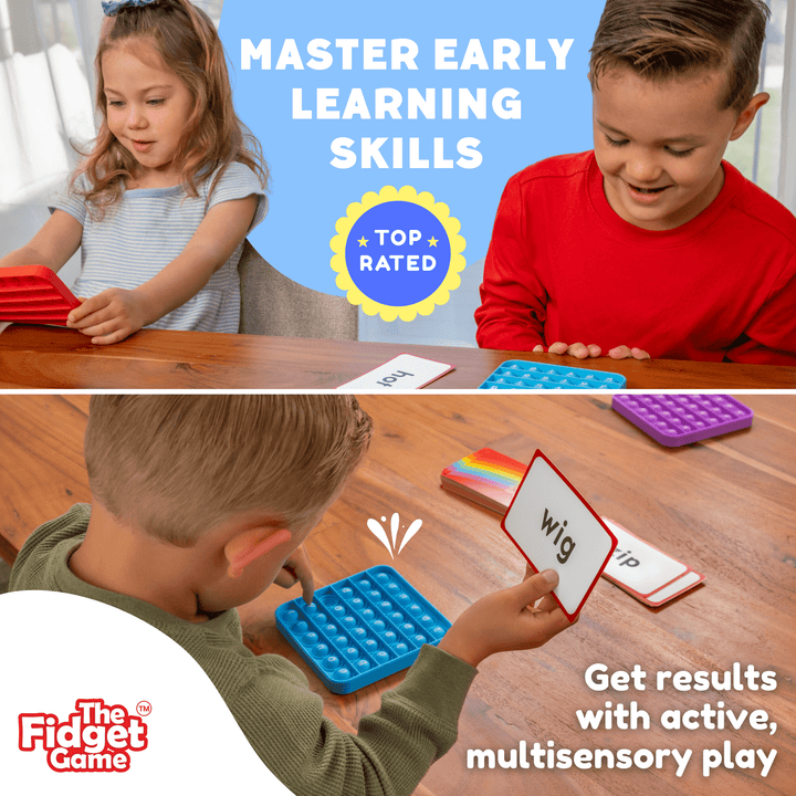 Children playing with educational game components, promoting early learning skills.
