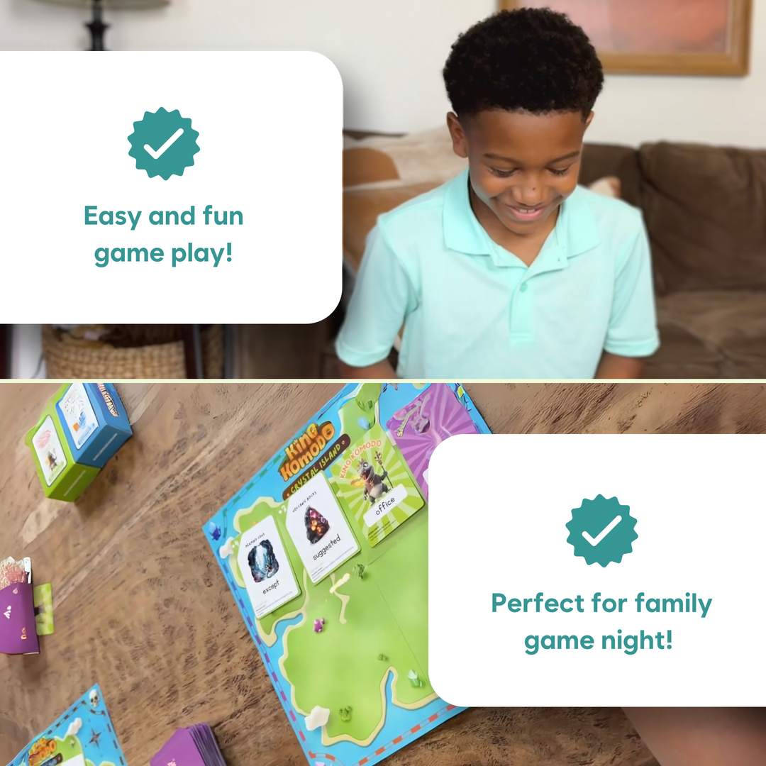 Child playing a board game with text indicating easy and fun gameplay and suitability for family game night.