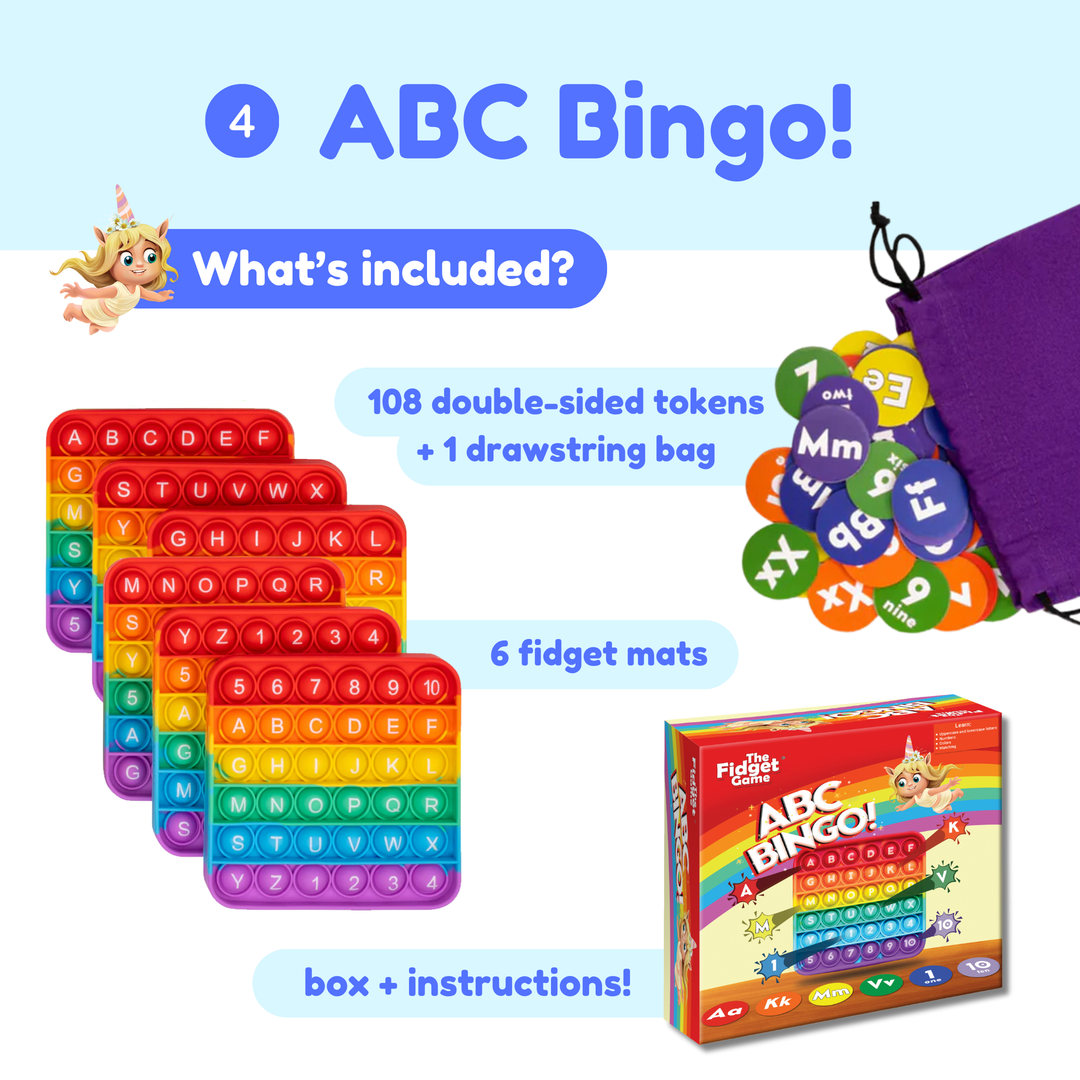 ABC Bingo game set with colorful tokens, fidget mats, and packaging on a light blue background.