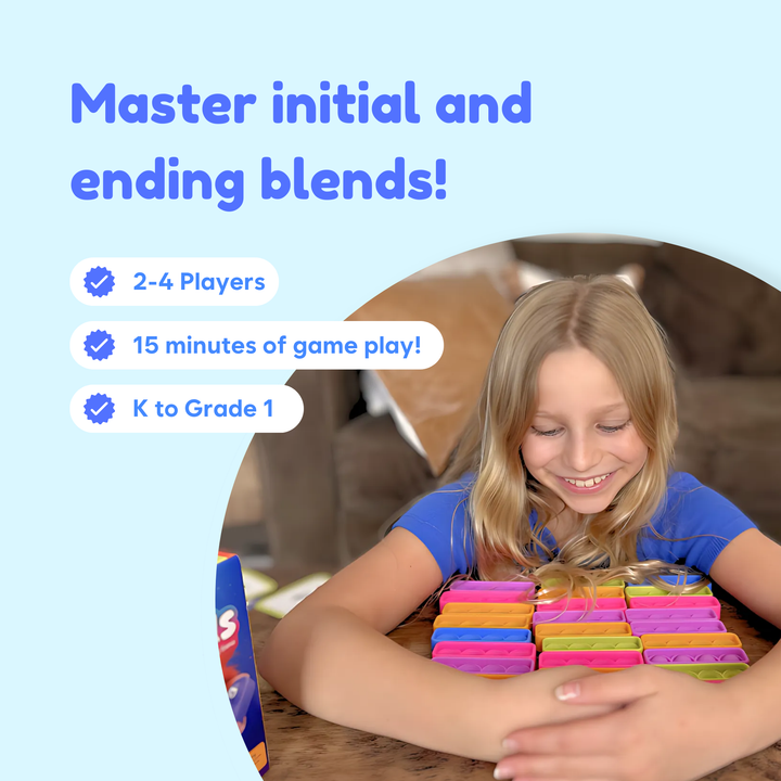 Child playing with colorful letter tiles on a table, with text about the game on a light blue background.